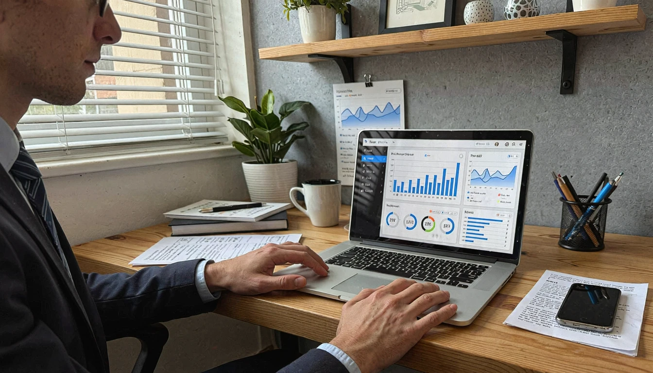 Modern office with laptop and sales charts